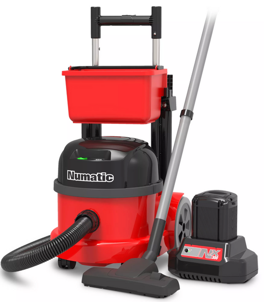 Aspirateur balai professionnel Numatic PBT230NX sans fil, 350W, cuve 9 litres, filtration HEPA, idéal pour bureaux, hôtels et commerces.